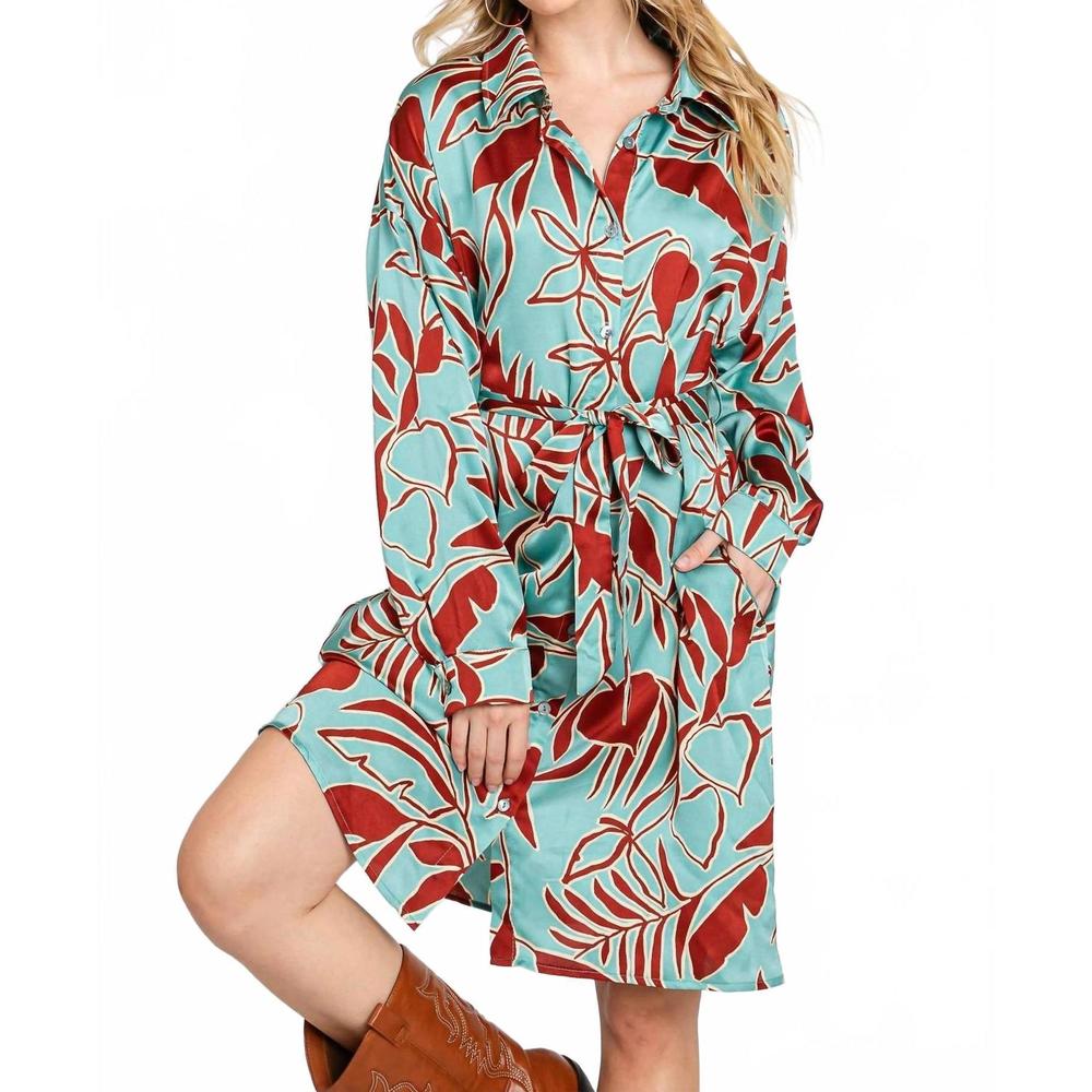 NEW ELLEBORN printed satin midi shirt dress in multi